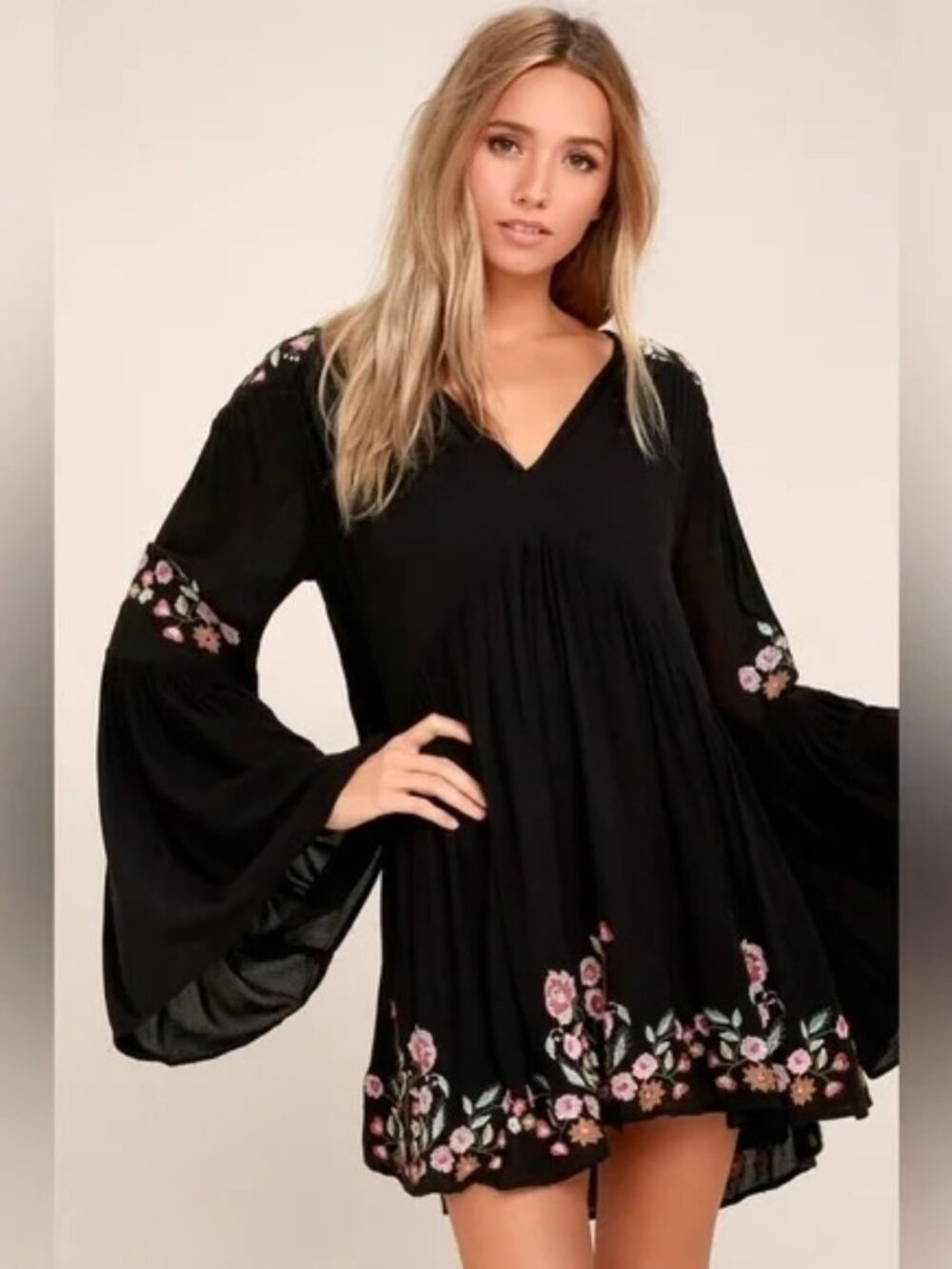 Free People Te Amo Dress/Tunic Black Embroidered Bell Sleeve S